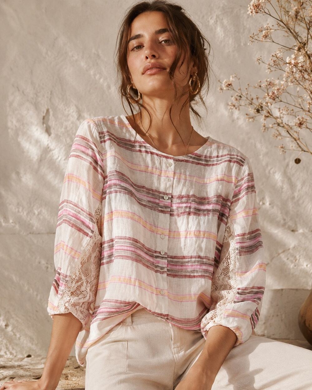 St. Tropez West | Bohemian Linen Lace Side Flowy Semi-Sheer Long Sleeve Blouse